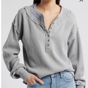 NWT Free People Holly Henley Top in Heather Gray Combo, Size Small